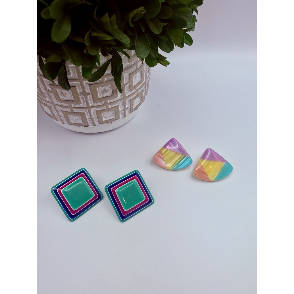 Vintage 80s Color Block Statement Earrings Lot Bold Geometric Retro Studs